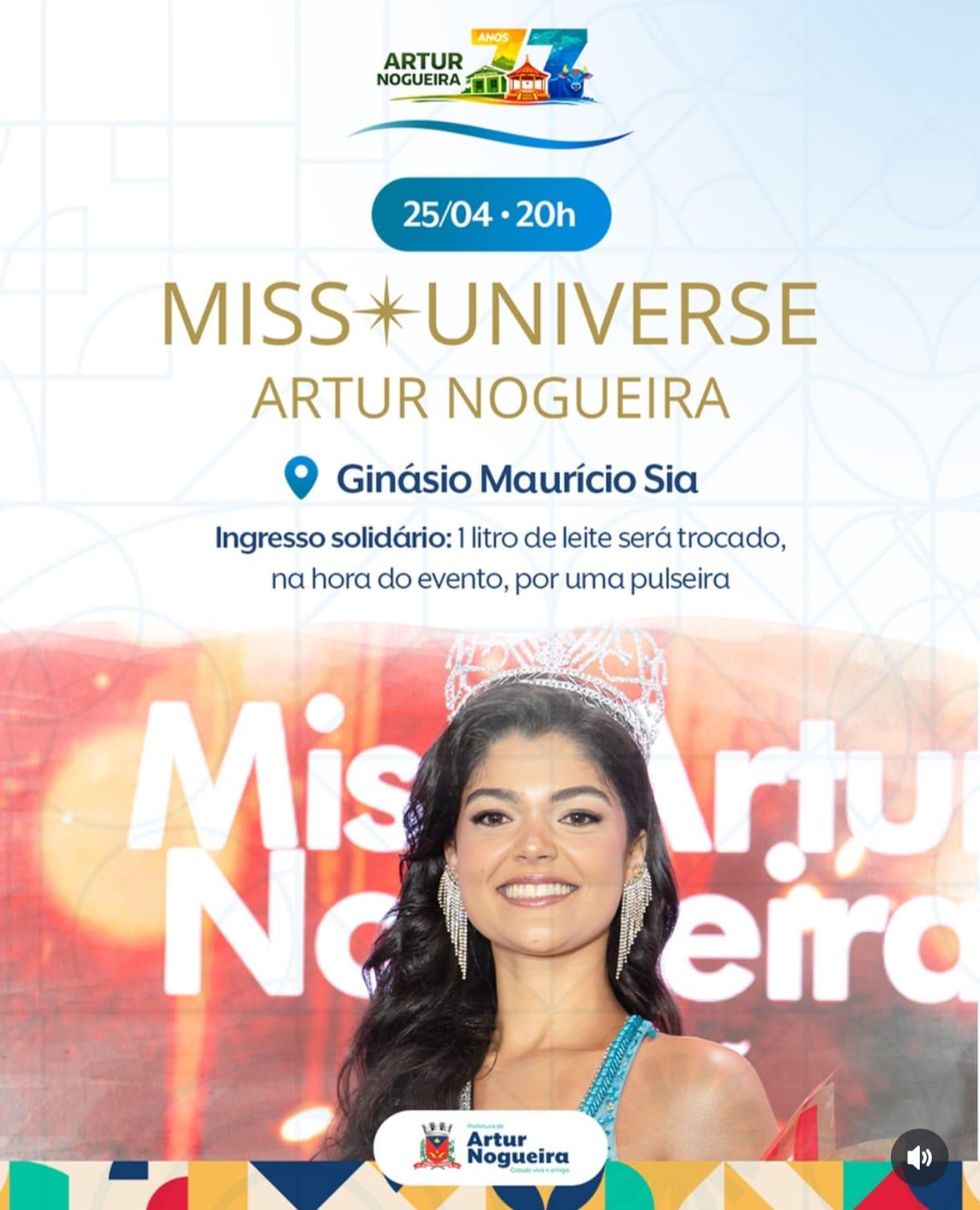 Miss Universe Artur Nogueira 2026 terá entrada solidária e acontece neste sábado